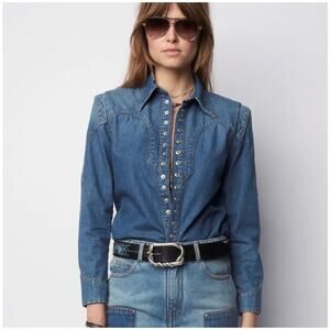 ZADIG & VOLTAIRE Thelmus Western Denim Silver Snap Button-Up Shirt, Size Large